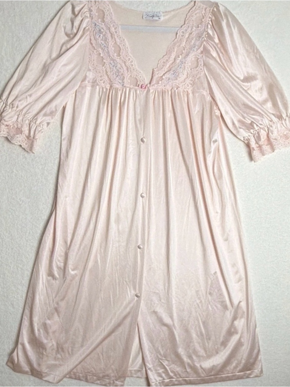 Vintage Pink Nylon Lace Button Front Nightgown | Cottagecore Coquette - Picture 1 of 10